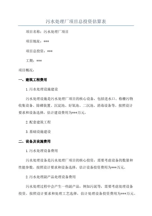 污水处理厂项目总投资估算表