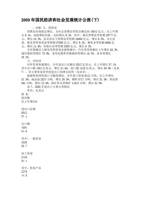 2003年国民经济和社会发展统计公报(下).