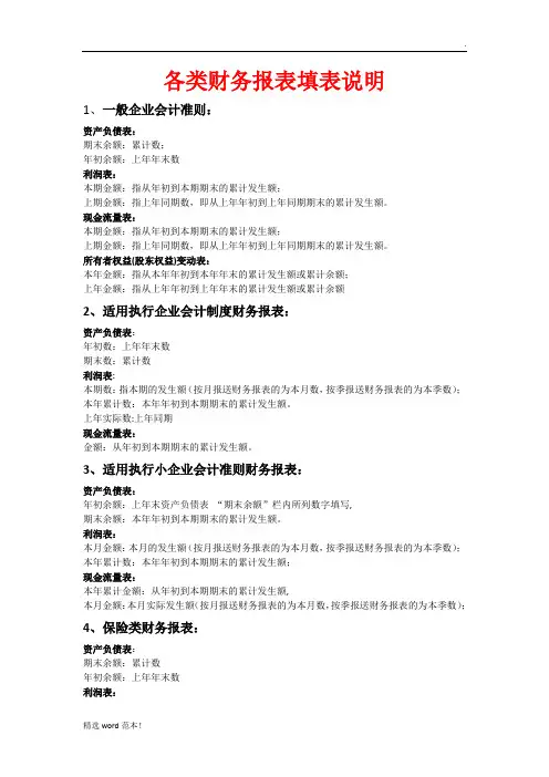 各类财务报表填表说明
