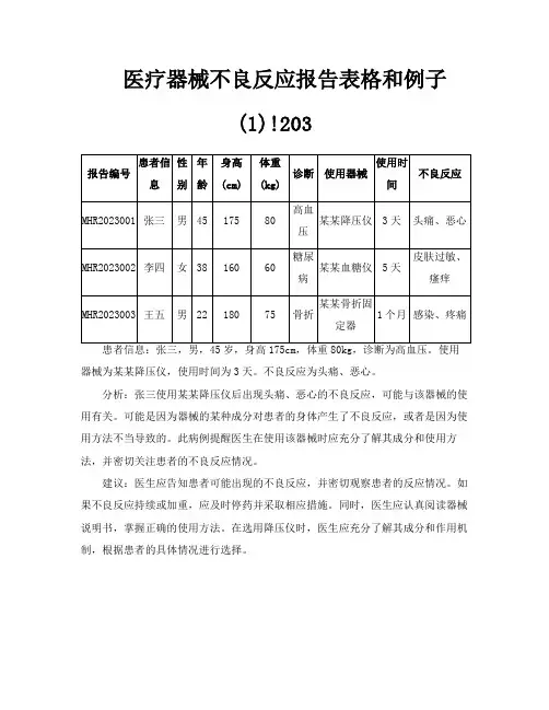 医疗器械不良反应报告表格和例子