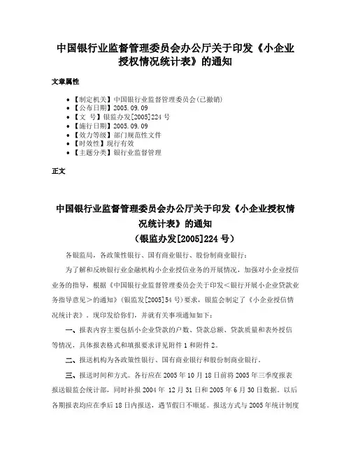 中国银行业监督管理委员会办公厅关于印发《小企业授权情况统计表》的通知