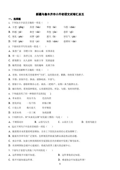 新疆乌鲁木齐市小升初语文试卷汇总五(含答案)