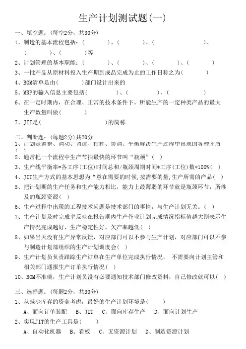 生产计划测试题含答案