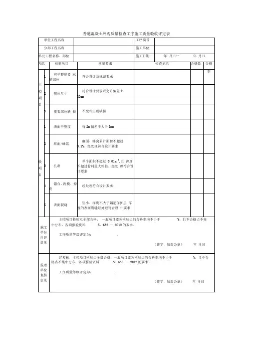 普通混凝土外观质量检查工序施工质量验收评定表
