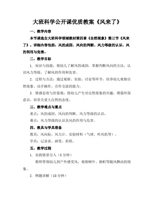 大班科学公开课优质教案《风来了》