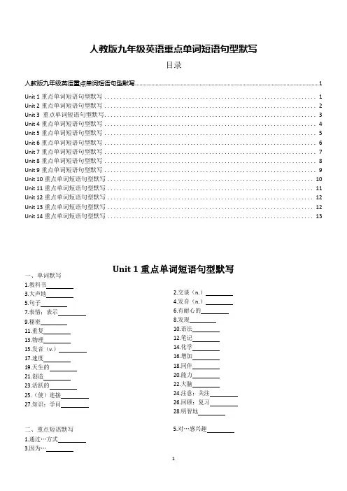 人教版九年级英语重点单词短语句型默写版