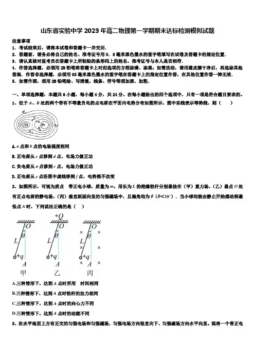 山东省实验中学2023年高二物理第一学期期末达标检测模拟试题含解析