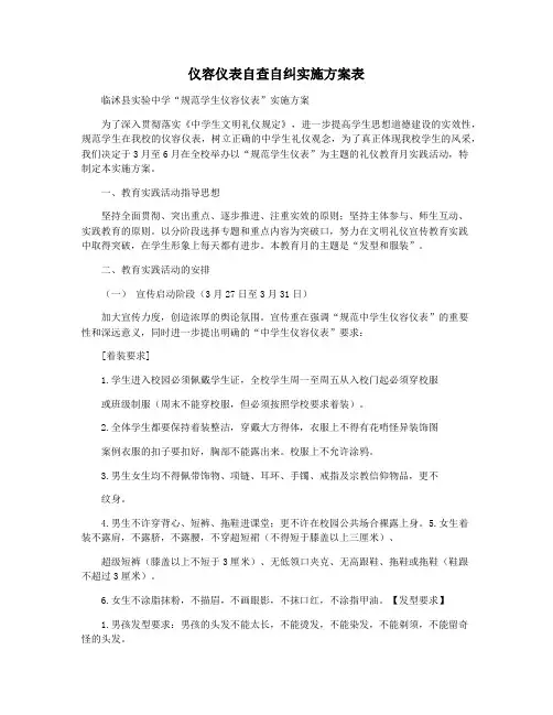 仪容仪表自查自纠实施方案表