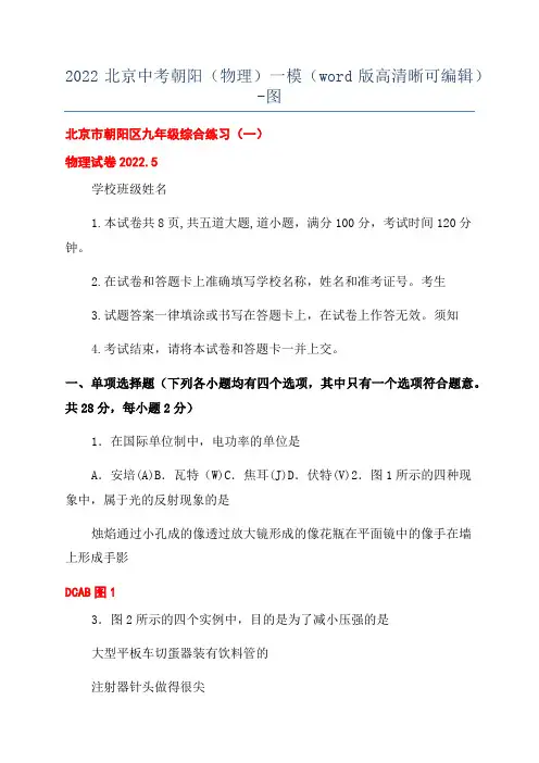 2022北京中考朝阳(物理)一模(word版高清晰可编辑)-图