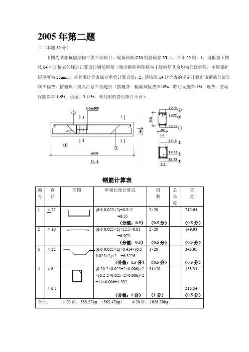 2005-2013江苏造价员考试题目(含江苏2014定额答案)土建钢筋