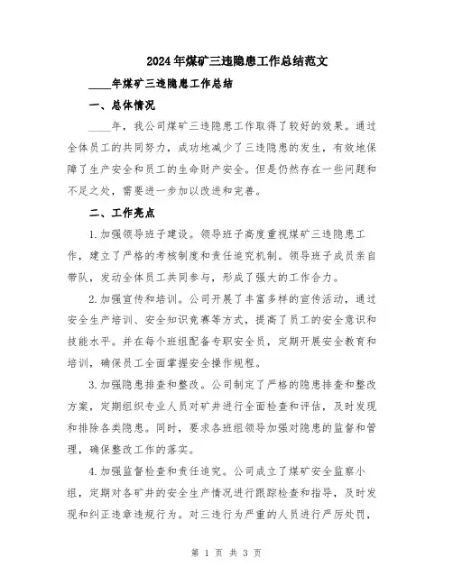 2024年煤矿三违隐患工作总结范文