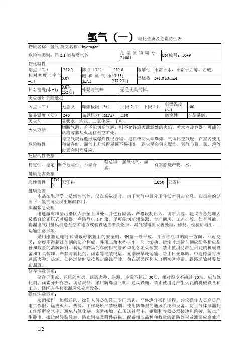 氢气理化性质及危险特性表
