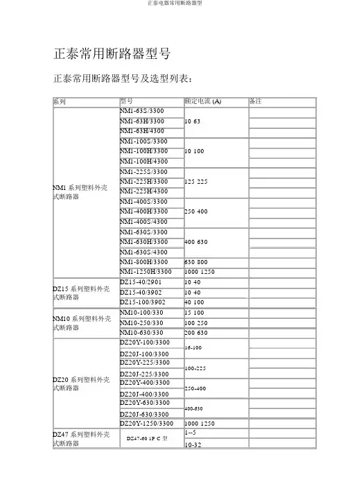 正泰电器常用断路器型
