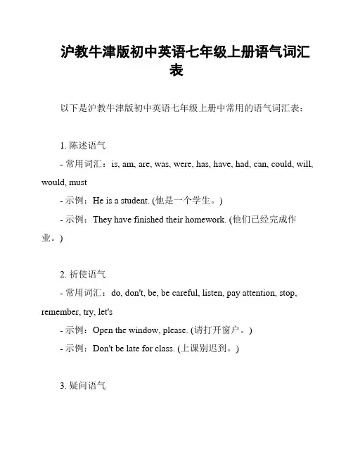 沪教牛津版初中英语七年级上册语气词汇表