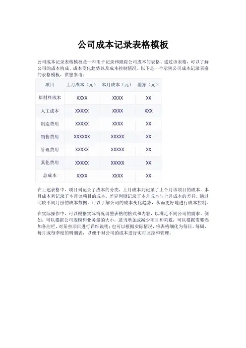 公司成本记录表格模板