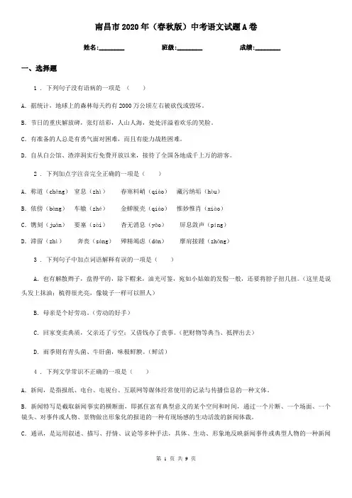 南昌市2020年(春秋版)中考语文试题A卷