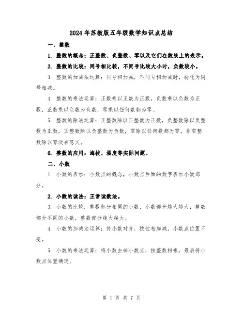 2024年苏教版五年级数学知识点总结(二篇)