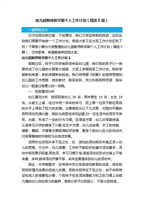 幼儿园教师新学期个人工作计划（精选5篇）