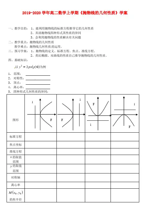 2019-2020学年高二数学上学期《抛物线的几何性质》学案
