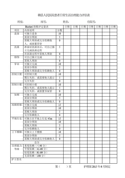 患者日常生活自理能力评估表)