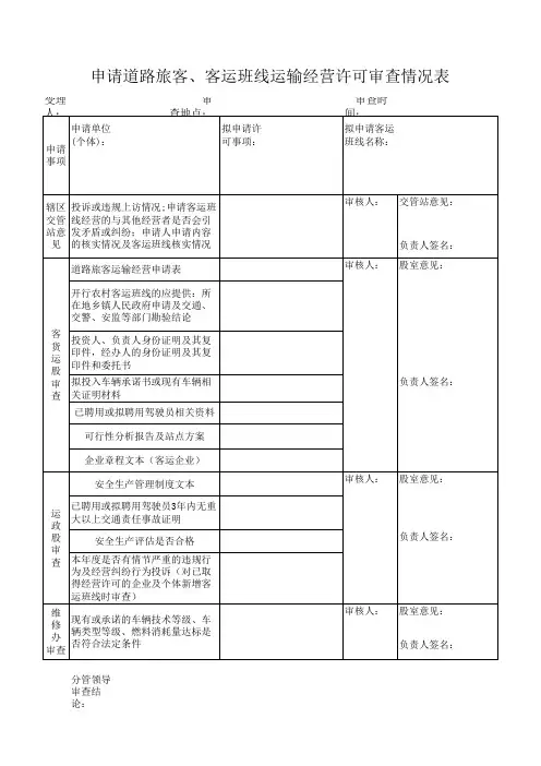 申请道路旅客、客运班线运输经营许可审查情况表