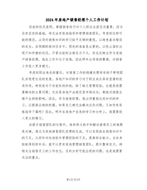 2024年房地产销售经理个人工作计划（二篇）