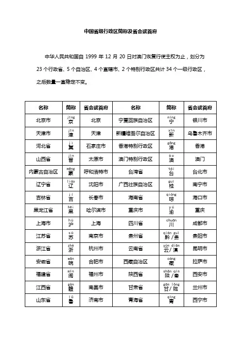 中国省级行政区简称及省会或首府