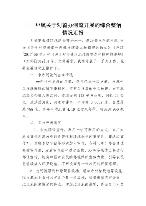 镇关于对督办河流开展的综合整治情况汇报