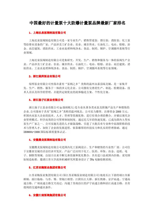 中国最好的计量泵十大防爆计量泵品牌最新厂家排名