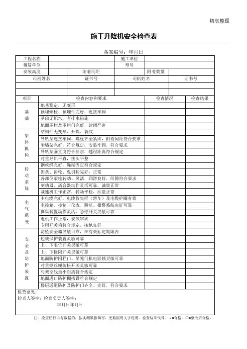 现场施工升降机安全检查表格模板