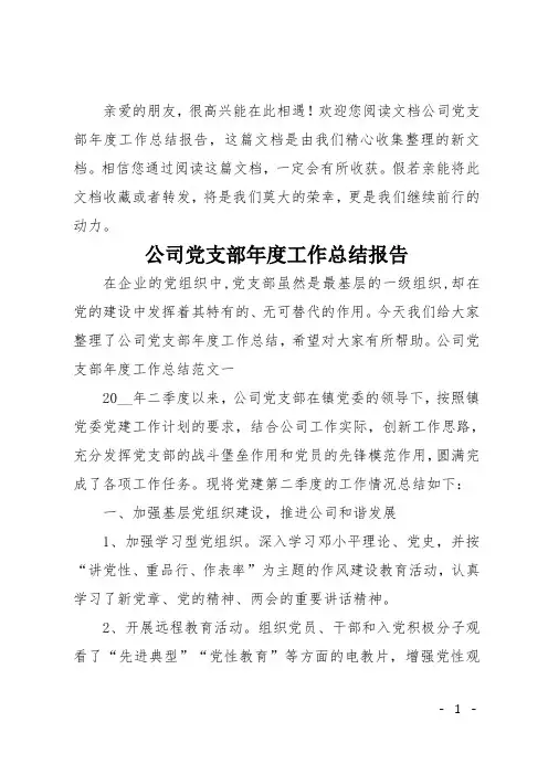 公司党支部年度工作总结报告