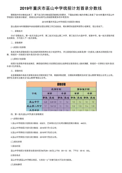 2019年重庆市巫山中学统招计划首录分数线