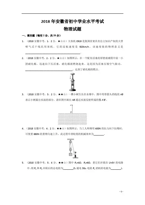 2018年安徽省初中学业水平考试物理试题
