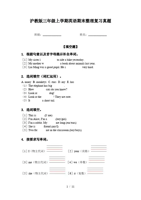 沪教版三年级上学期英语期末整理复习真题