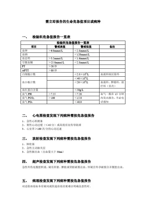 需立即报告的生命危急值项目或病种