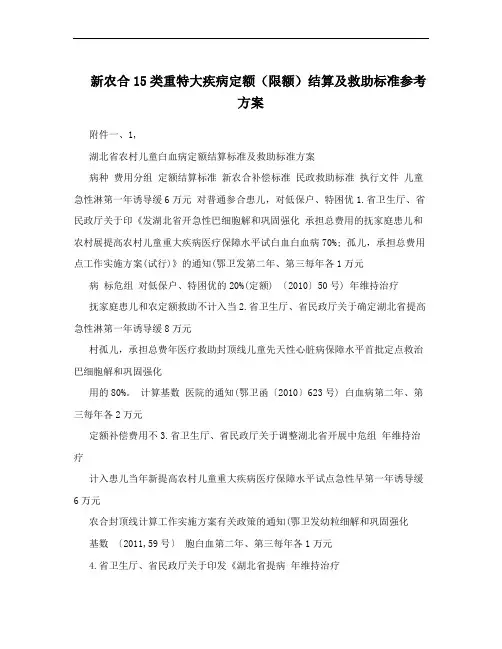 新农合15类重特大疾病定额(限额)结算及救助标准参考方案