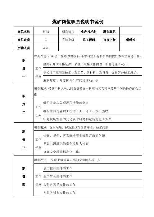 煤矿生产技术科科长岗位职责说明书