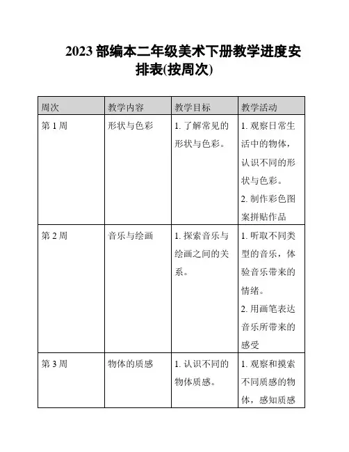 2023部编本二年级美术下册教学进度安排表(按周次)