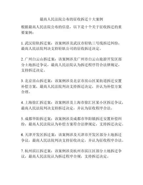 最高人民法院公布的征收拆迁十大案例