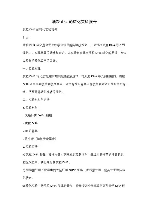 质粒dna的转化实验报告