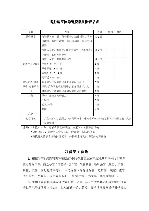 医院导管脱落风险评估表