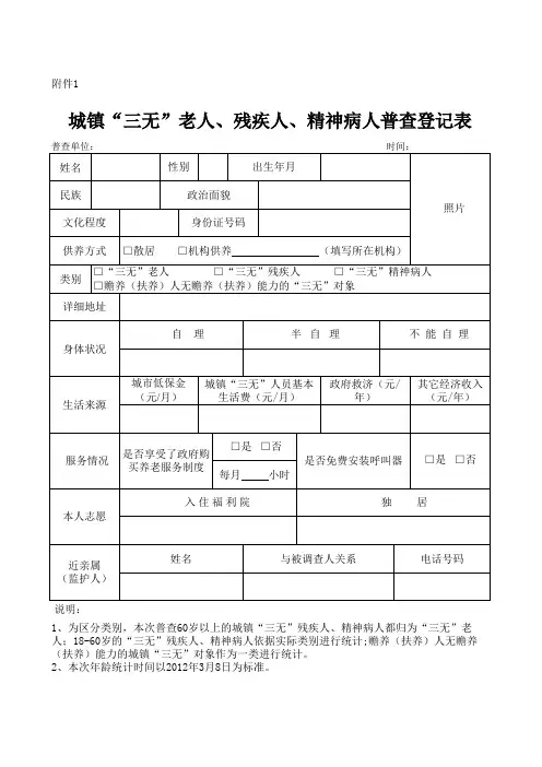 城镇“三无”老人、残疾人、精神病人普查登记表