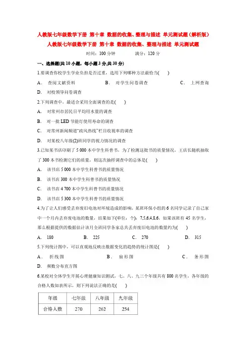 精选人教版七年级数学下册第十章数据的收集、整理与描述题单元综合练习题(含答案)(1)