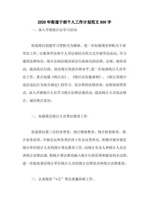 2020年街道干部个人工作计划范文800字