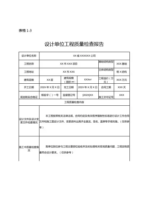 设计单位工程质量检查报告(样本)