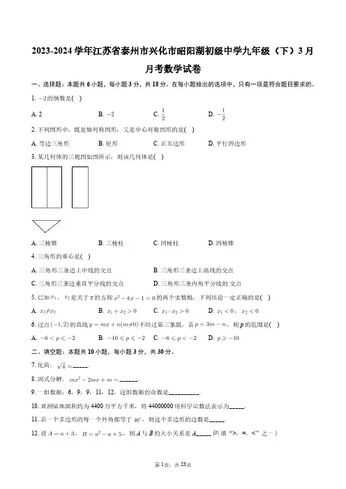 2023-2024学年江苏省泰州市兴化市昭阳湖初级中学九年级(下)3月月考数学试卷+答案解析