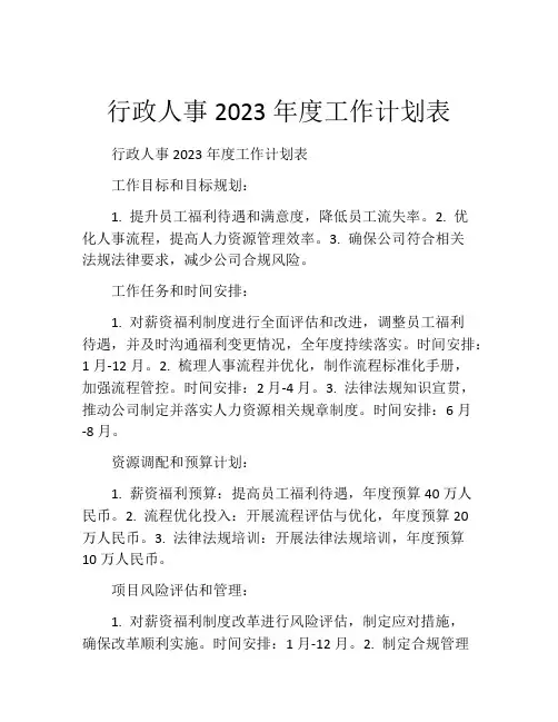 行政人事2023年度工作计划表