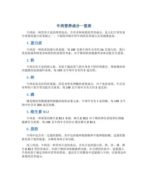 牛肉营养成分一览表