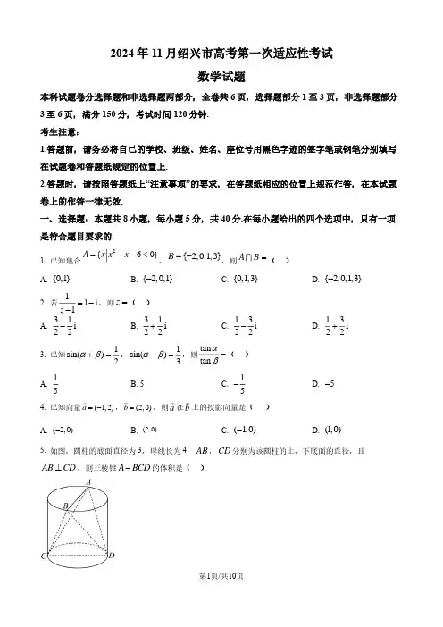 2024年11月绍兴市高三第一次高考适应性考试数学试卷(含答案)