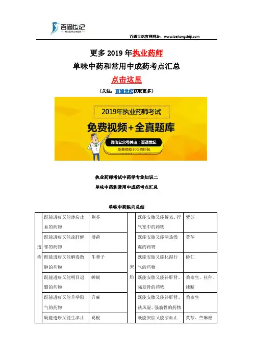 执业药师中药二单味中药和常用中成药考点汇总